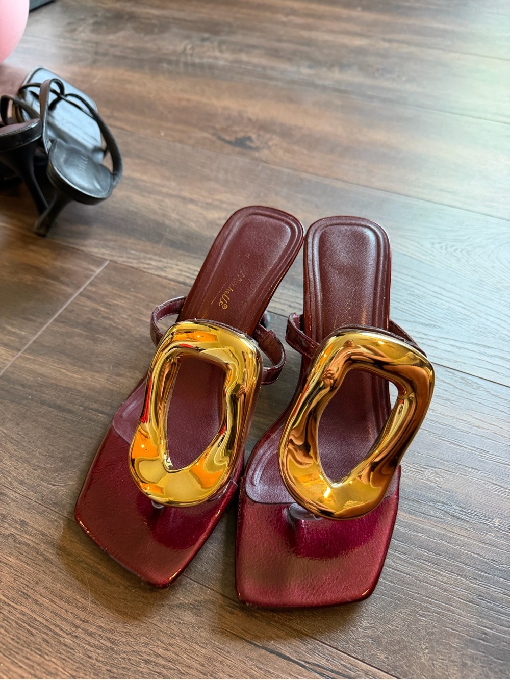Burgundy Square-Toe Mules with Gold Accent
